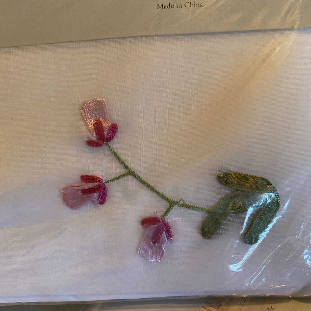 Blueprints White Embroidered Pink Rosebuds Sheer Curtain Panel 42x84 Tie Tops